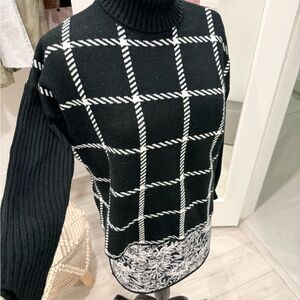 Anthropologie Charcoal and Ivory Knit Sweater Windowpane Pattern